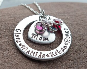 Personalized Mother's Necklace With Kids Names and Birthstones,  Gift For Mom From Children, Birthstone Jewelry For Mom