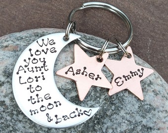 Personalized Keychain For Aunt From Nieces And Nephews, We Love You to the Moon and Back, Personalized Gift for Aunt