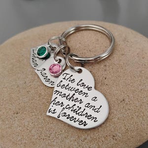Personalized Heart Charm Keychain With Children&#39;s Names - Birthstone Keychain