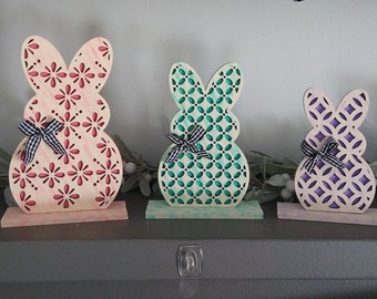 Handpainted Easter Decor For Table or Mantel, Bunny Shelf Sitters, Spring Decor