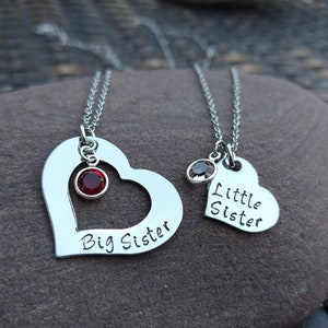 Big Sister Little Sister Necklace Set: Stainless Steel Heart, Birthstone Charm