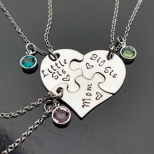 Three Piece Heart Puzzle Necklace, Mother Daughter Jewelry With Birthstones