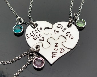 Three Piece Heart Puzzle Necklace, Mother Daughter Jewelry With Birthstones