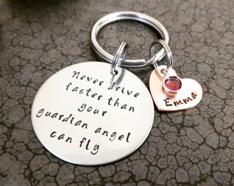 New Driver Gift Never Drive Faster Than Your Guardian Angel Can Fly Keychain Personalized Gift Sweet 16 Gift Teen Driver Gift