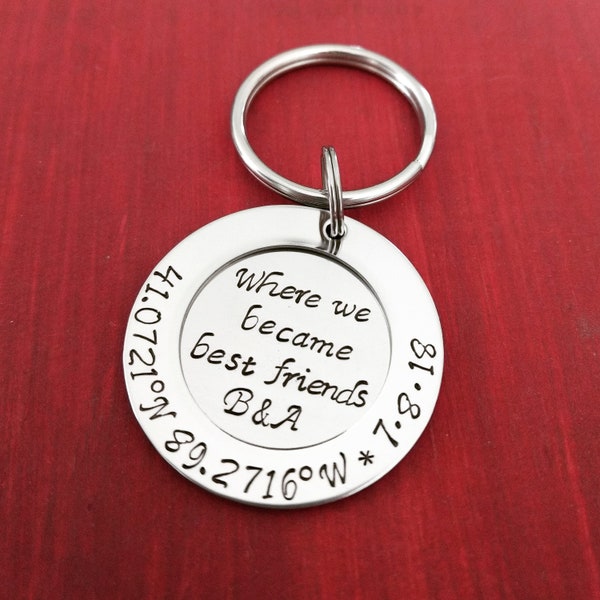 GPS Coordinates Keychain For Best Friend - Personalized Latitude Longitude Gift