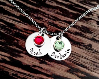 Personalized Mother's Day Presents For Mom, Hand Stamped Disc Necklace With Birthstones