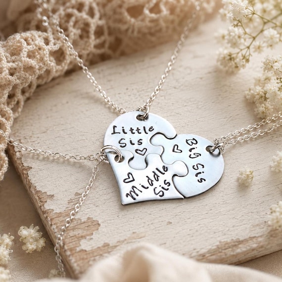 3 Piece Puzzle Heart Necklace Set For Sisters, Three Sister Necklace Set, Sister Birthday Gift, Big Sis, Little Sis, Middle Sis