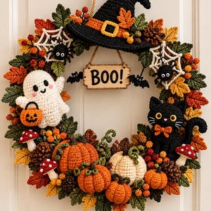 Könnte beinhalten: Ein gehäkelter Halloween-Kranz mit einem schwarzen Hexenhut, einem weißen Geist mit Kürbiseimer, einer schwarzen Katze, Spinnen in Netzen, Fledermäusen und einem Holzschild mit der Aufschrift BOO!. Der Kranz ist mit orangefarbenen, gelben und grünen Blättern, Kürbissen und Pilzen verziert.