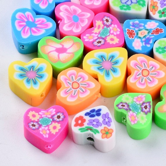 Bulk Beads Heart Beads Polymer Clay Heart Beads Assorted Beads 50 pieces  Wholesale Beads Floral Heart Beads