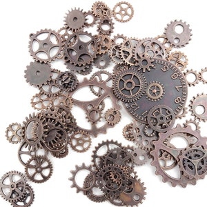 Bulk Gears Steampunk Gear Charms Gear Pendants Assorted Gears Cogs Antiqued Copper Gears Clock Face Findings Steampunk Supplies 80pcs