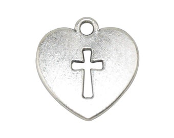 Heart Cross Charms Heart Pendants Heart With Cross Pendants Antiqued Silver Charms Religious Charms Christian Charms BULK Charms 50pcs