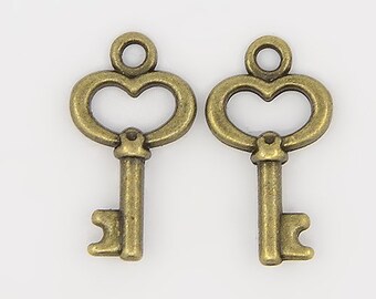 Tiny Key Charms Antiqued Bronze Key Charms Miniature Keys Bulk Skeleton Keys Fairy Garden Keys Heart Key Charms BULK Charms 50pcs