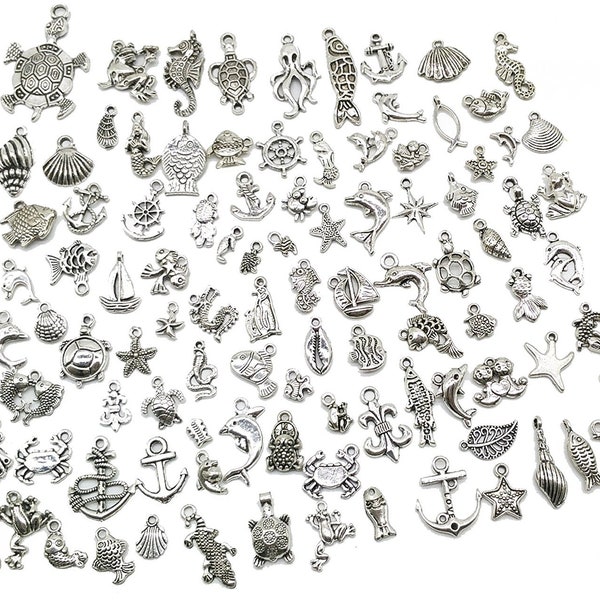 Ocean Charms Set Antiqued Silver Ocean Animal Charms Silver Charms BULK Charms Nautical Charms Sea Creature Charms Wholesale Charms 100pcs