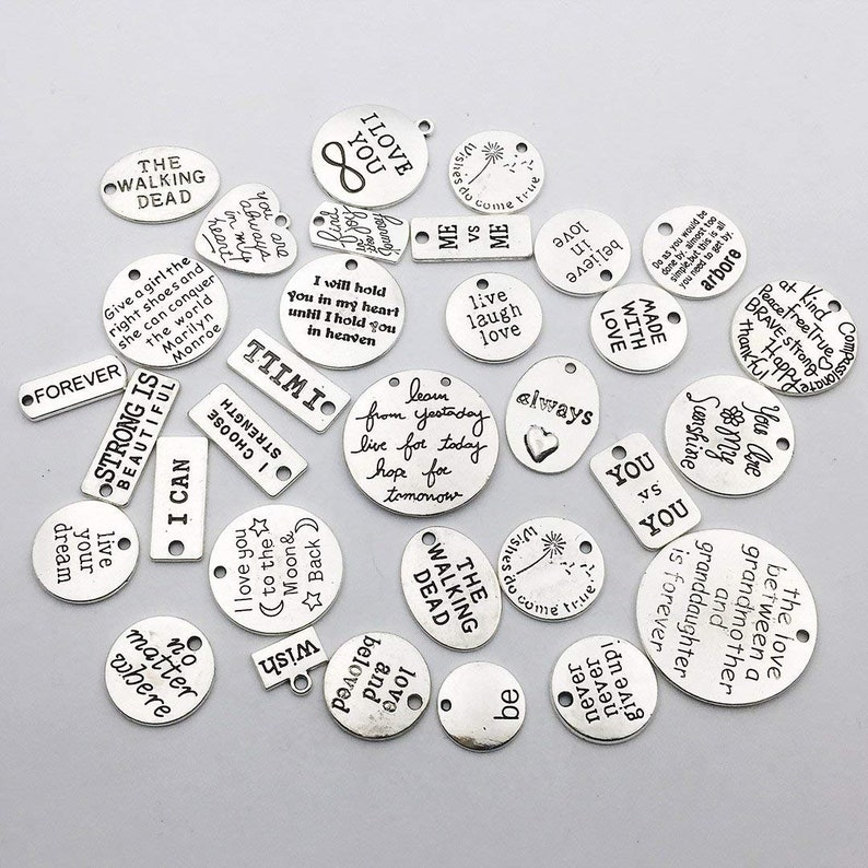 Quote Charms Word Charms Antiqued Silver Word Pendants Silver Etsy