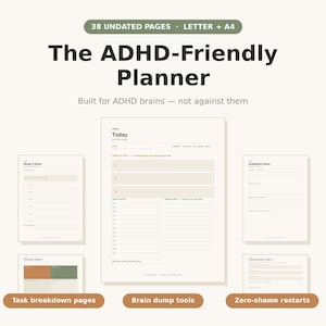 Puede incluir: Un planificador digital titulado The ADHD-Friendly Planner con 38 páginas sin fecha en tamaños Letter y A4. El diseño incluye secciones para tareas diarias, bloques de tiempo, un menú de dopamina y una matriz de prioridades.