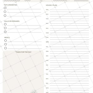 May include: A daily planner page with a gray header and white background featuring a grid pattern. Sections include top priorities, calls or errands, meals, tasks, and an hourly schedule from 5 AM to 11 PM. Includes habit trackers and a paisley graphic.