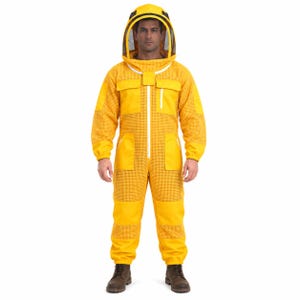 May include: A bright yellow beekeeping suit featuring a full-body jumpsuit design with integrated mesh ventilation panels, a front zipper closure, multiple utility pockets, and a detachable protective hood with a clear face screen.