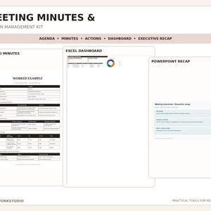 May include: A Meeting Minutes & Action Management Kit featuring three document templates labeled Word Minutes, Excel Dashboard, and PowerPoint Recap. The layout includes tables for agenda items, action tracking, and executive summaries for business meetings.