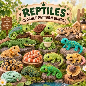 Puede incluir: Una colección de figuras de reptiles tejidas a ganchillo que incluye un camaleón, tortuga, gecko leopardo, cocodrilo, rana, serpiente y lagarto de cuello. Un letrero de madera arriba dice REPTILES CROCHET PATTERN BUNDLE.