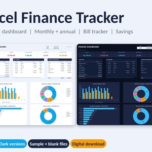 以下が含まれることがあります： ライトモードとダークモードのダッシュボードバージョンを備えたExcel Finance Trackerデジタルテンプレート。インターフェースには、予算ダッシュボード、請求書トラッカー、貯蓄、および棒グラフや円グラフなどのさまざまな財務データが表示されています。