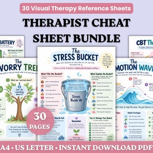 Może przedstawiać: Zestaw 30 wizualnych arkuszy referencyjnych do terapii w formacie PDF, zawierający tytuły takie jak The Stress Bucket, The Worry Tree, The Burnout Battery i The CBT Thought Cycle. Te strony edukacyjne zawierają kolorowe ilustracje i tekst.