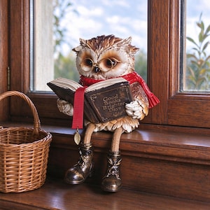Könnte beinhalten: Eine braun-weiße Eulenfigur mit goldgerahmter Brille und rotem Schal, die ein offenes Buch mit dem Text 'Good Books Brighter Days' auf dem Einband liest. Die Eule hat baumelnde Beine mit braunen Stiefeln und ein rotes Lesezeichen mit Blattanhänger.