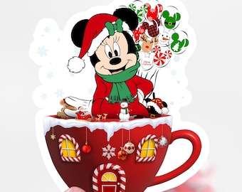 May include: A red and white Christmas mug featuring a Mickey Mouse character wearing a Santa hat and a green scarf. The mug is decorated with candy canes, baubles, and a gingerbread house.