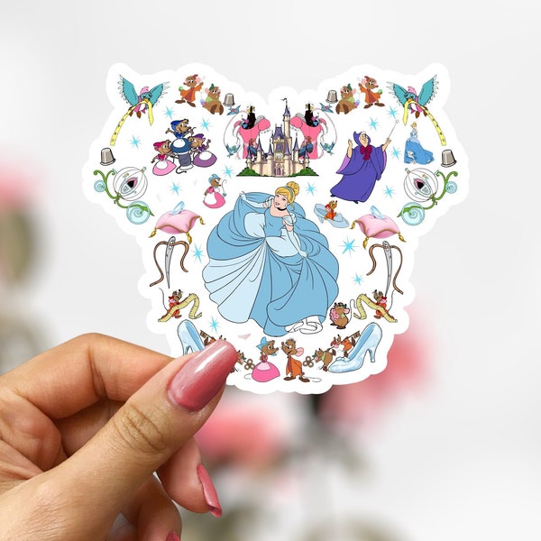 Cinderella Mickey Mouse Ears Sticker, Fairy Godmother, Jaq and Gus Mice, Disney Princess Sticker Decal