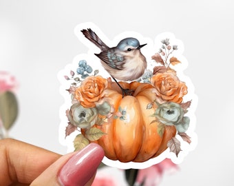 Bird on Pumpkin Sticker, Floral Bird  Sticker Decal