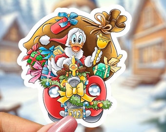 May include: A red vintage car with a yellow bow and a green wreath is filled with presents. A cartoon duck dressed as Santa Claus is driving the car. The car has the number 313 on the number plate.
