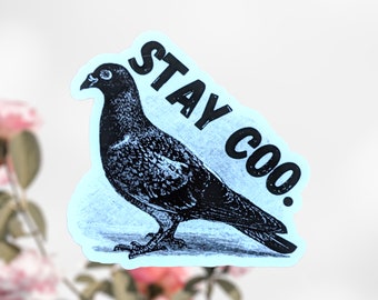 May include: A blue and white sticker with a black and white illustration of a pigeon and the text "STAY COO."