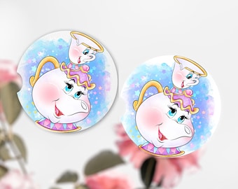 Beauty and Beast Mrs. Potts Chip Car Coasters, Neoprene Absorbent Drinkware
