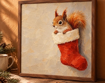 Verspieltes Eichhörnchen-Weihnachtsstrumpf-Leinwandbild, neutrales Winter-Ölgemälde, niedliche Waldtier-Weihnachtsdekoration, gemaltes Weihnachtsgeschenk