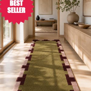 Wool Area Rug, Olive Green Burgundy Geometric Border, Hand Tufted Rectangular Carpet
