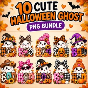 Puede incluir: Un paquete gráfico digital que presenta 10 ilustraciones de fantasmas lindos con el texto 10 CUTE HALLOWEEN GHOST PNG BUNDLE. Cada fantasma está decorado con varios sombreros, lazos y calabazas, sobre un fondo de madera clara con hojas de otoño.