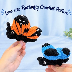 May include: Two handmade crochet butterflies with black bodies and shiny black eyes. One butterfly has orange and black wings, while the other has blue and black wings. The text "Low-sew Butterfly Crochet Pattern" is displayed above them.