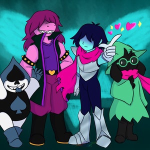 Puede incluir: Un grupo de cuatro personajes de dibujos animados del videojuego Deltarune. Los personajes están de pie frente a un fondo azul y verde. Los personajes son un monstruo rosa y morado con una chaqueta negra, un monstruo azul y negro con una bufanda roja, un monstruo blanco y negro con una pica en el pecho y un monstruo verde con una bufanda rosa y gafas.