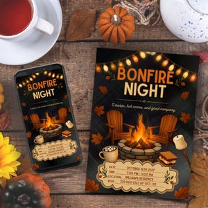 Peut inclure: Une invitation numérique et un écran de smartphone affichant un flyer pour une soirée feu de camp. Le design présente un foyer en pierre, deux chaises en bois, des guirlandes lumineuses et des feuilles d'automne avec le texte Bonfire Night.