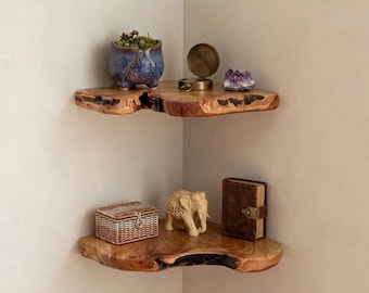 Cedar Live Edge Corner Shelves Set, Rustic Floating Shelves for Plants, decor