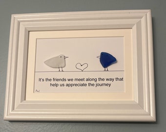 Framed Friend Birds in Sea Glass 7 x 9