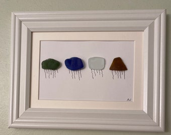 Framed Jellyfish Sealife in Sea Glass 7 x 9