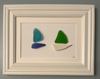 Framed Two Sailboats in Sea Glass 7 x 9