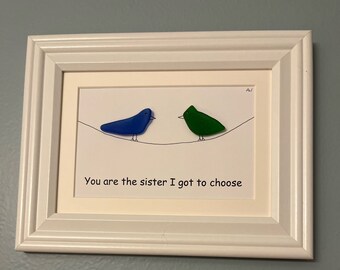 Framed Friend Birds in Sea Glass 7 x 9