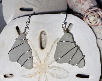 Triangular Frosty White Beach Glass Earrings