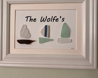 Framed Personalized Three Sailboats in Sea Glass 7 x 9