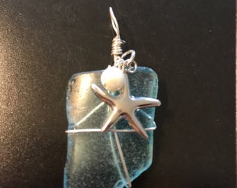 Starfish Light Blue Beach Glass Necklace - Handwrapped Beach Glass With Starfish and Pearl