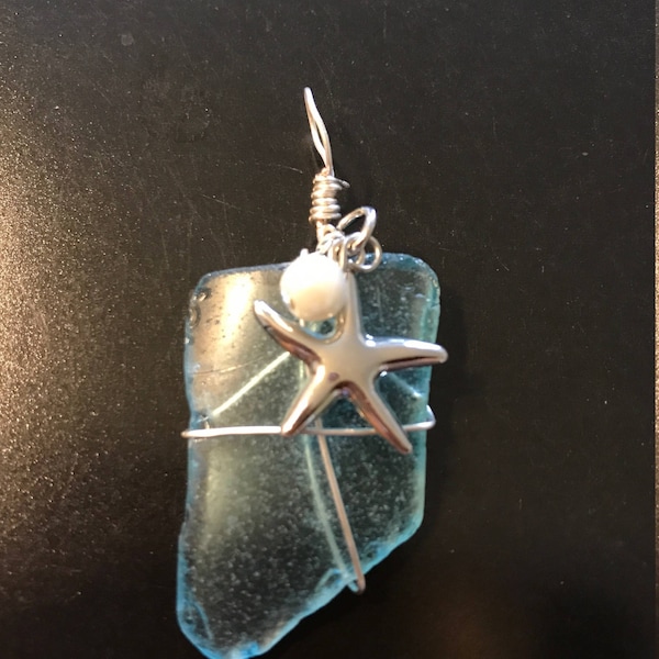 Starfish Light Blue Beach Glass Necklace - Handwrapped Beach Glass With Starfish and Pearl