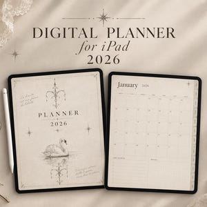 Può includere: Un'agenda digitale per iPad 2026 visualizzata su due schermi. Lo schermo sinistro mostra una copertina con un'illustrazione di un cigno, il testo PLANNER 2026 ed elementi decorativi. Lo schermo destro mostra un calendario di gennaio 2026.