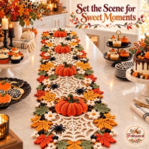 Modèle de crochet d'Halloween (PDF), chemin de table citrouille et toile d'araignée, décoration d'automne et de Thanksgiving