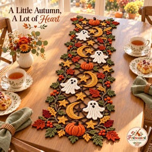 Patrón de ganchillo para camino de mesa de Halloween en PDF, decoración de calabaza fantasma, patrón de ganchillo de otoño, decoración de mesa de otoño, descarga digital